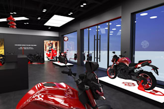 redesign 3d motorcycle showroom, cgi bike exhibition stand, vehicle store render