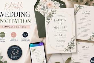 design editable etsy wedding invitation template, canva invitation card, rsvp
