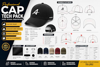 design professional cap tech pack for baseball cap, snapback and trucker hat