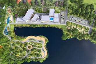resort complex render from 2d plan, location map to site model, beach building