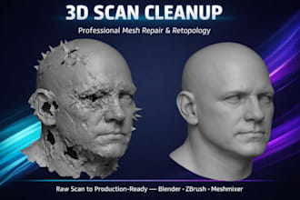 3d scan cleanup, fix mesh holes, repair stl file, retoplogy, optimize 3d model