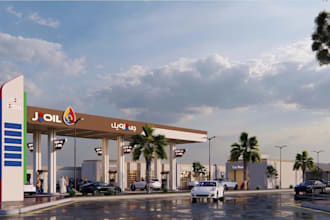 present 3d fuel depot,commercial fiiling station,car wash render,ev charging hub