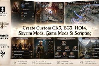 do custom ck3 mod, bg3 mod, hoi4 mod, game modding and scripting, skyrim mod