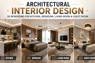 do architectural interior design, 3d rendering for kitchen, bedroom, livingroom