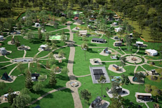 resort landscape site plan,tiny house community, prefab cabin,eco village render