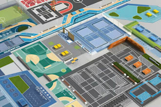 develop 3d sport complex, functional zones design, recreational ground rendering