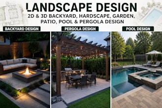 do landscape design, 2d 3d backyard, hardscape, garden, patio, pool and pergola