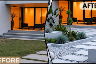 create modern frontyard landscape design with patio pool and 3d outdoor renders