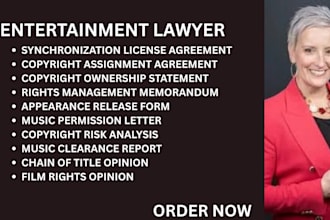 help with copyright issues, film clearances, music as entertainment lawyer in US