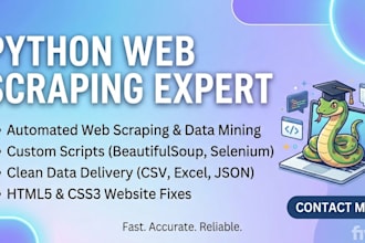 do professional python web scraping data extraction and html css fixes