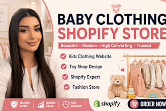 baby clothing website design, kids clothing, toy shop, adult shopify store
