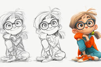 sketch, outline and color cartoon illustrations