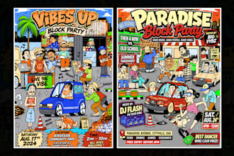 draw pop up cartoon illustration flyer and poster design for events