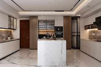 create realistic 3d interior render of living room, bedroom, kitchen