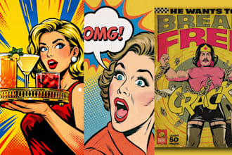 draw retro vintage comic, pulp poster, pop art retro comic art horror comic book