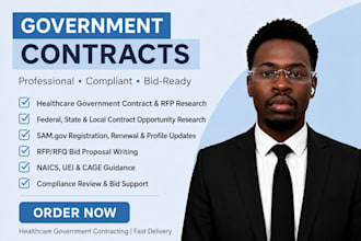 find healthcare government contracts, register samgov, and write rfp,rfq