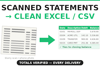 convert scanned bank statements to excel or CSV with verified totals
