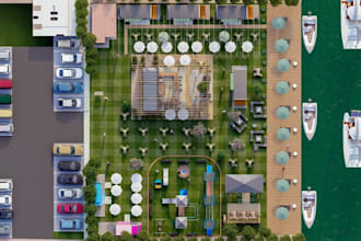 render masterplan for waterfront park,children playground,commercial development