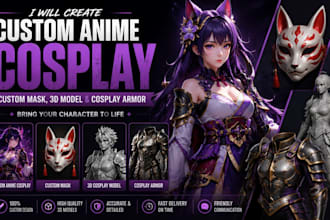 create custom anime cosplay, custom mask, 3d cosplay model, and cosplay armor