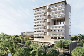 cgi beach hotel,3d hostel tower,aparthotel design,resort spa,exterior render,rvt