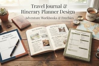 design travel journal itinerary planner, adventure workbook and travel freebies
