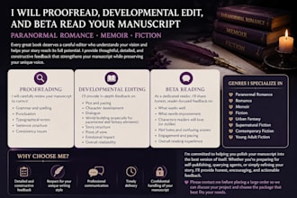 proofread and developmental edit paranormal romance beta read memoir fiction