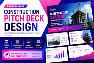 design a construction startup pitch deck and  investor deck, business plan