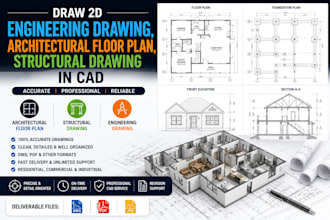 draw 2d engineering drawing, architectural floor plan, structural drawing in cad