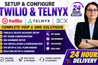 setup twilio telnyx account, sip trunk, did numbers, 3cx, IVR and bulk SMS