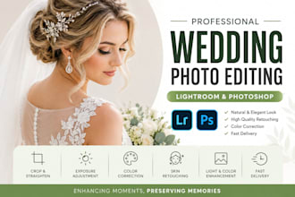 wedding photo editing, color correction in photoshop and lightroom