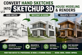 convert hand sketches into realistic sketchup 3d house modeling and renders