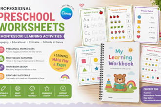 do canva preschool worksheets, montessori learning activities, workbook design