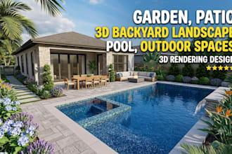 design garden, patio, 3d backyard landscape, pool, outdoor spaces, 3d rendering