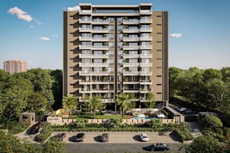 renovate 3d apartment exterior,landscape design,facade,realistic render,highrise