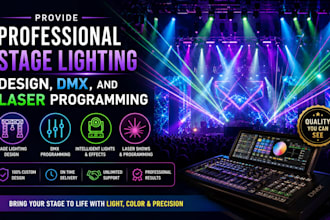 provide professional stage lighting design, dmx, and laser programming