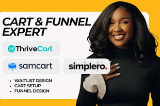 setup thrivecart online course, samcart checkout page and simplero sales funnel