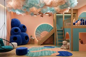 design creative kids room interior design and playroom side with 3d rendering