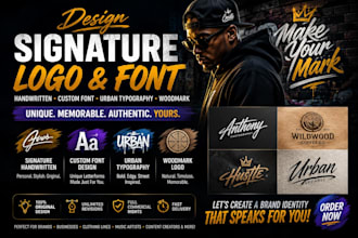 design signature handwritten, custom font, urban typography text logo, woodmark