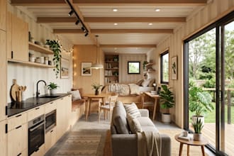 design 3d interior tiny house, cabin, rv small cottage container house render