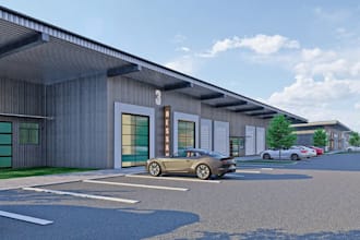 construct warehouse complex,cgi industrial retail, 3d exterior parking rendering