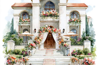 draw watercolor wedding venue, house and building