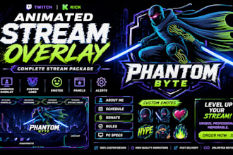 design animated twitch overlay, kick stream overlay package, logo emotes panels