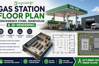 design gas station floor plan, convenience store, warehouse, and 3d rendering