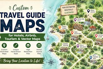 create illustrated travel guide maps for hotels airbnb, tourism and vector map