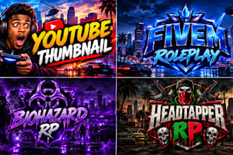 design catchy youtube thumbnails, animated fivem rp logo, gfx and loading screen