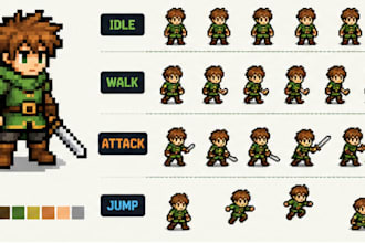 do custom 8bit 16bit pixel art character sprite sheet rpg game animation assets