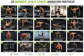 create realistic 3d workout, gym and fitness exercise animation videos