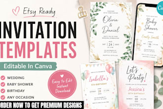 design editable canva etsy invitation card templates, wedding, birthday invite