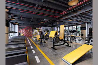 design your commercial gym or fitness facility interior with realistic 3d render