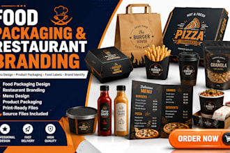 food packaging, restaurant branding, menu design, restaurant product packaging